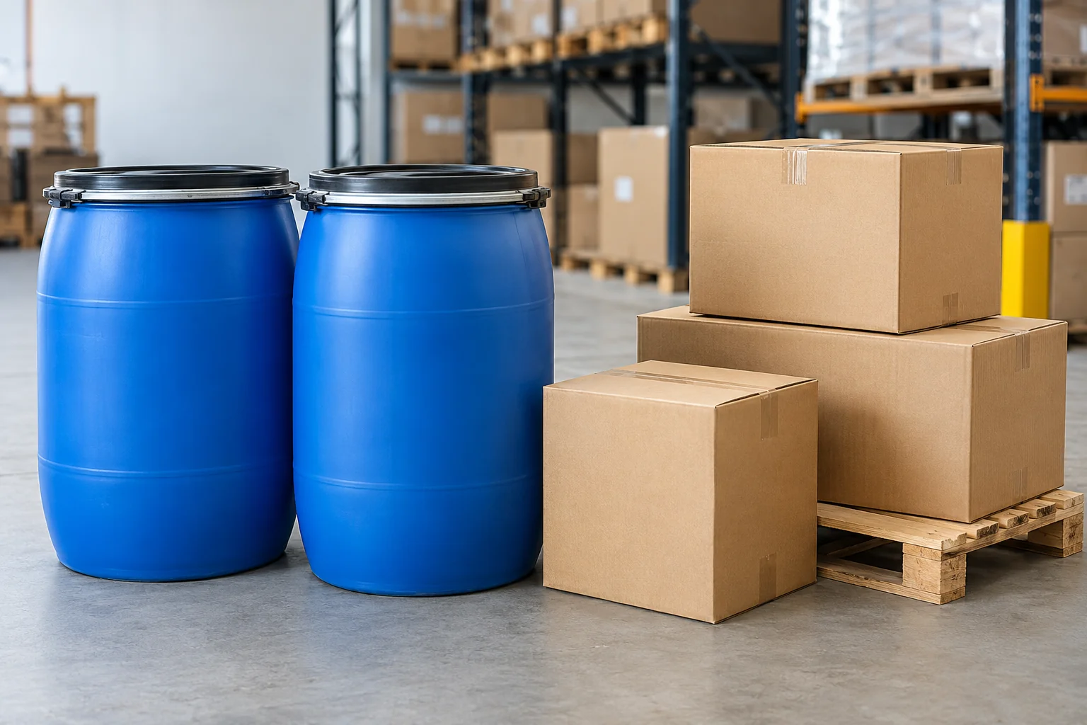 Blue shipping barrels and cardboard boxes
