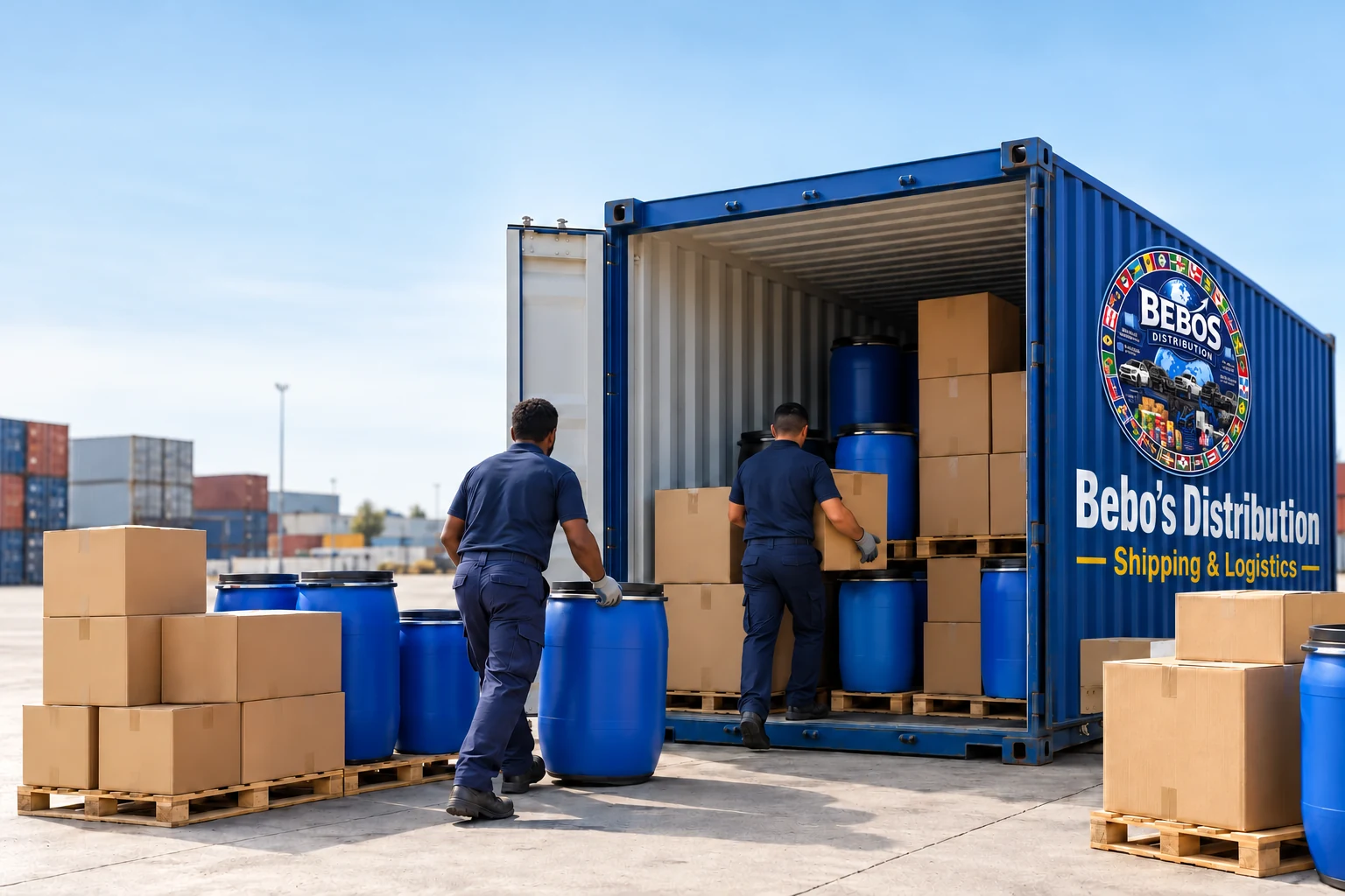 A shipping container being loaded with boxes and blue barrels