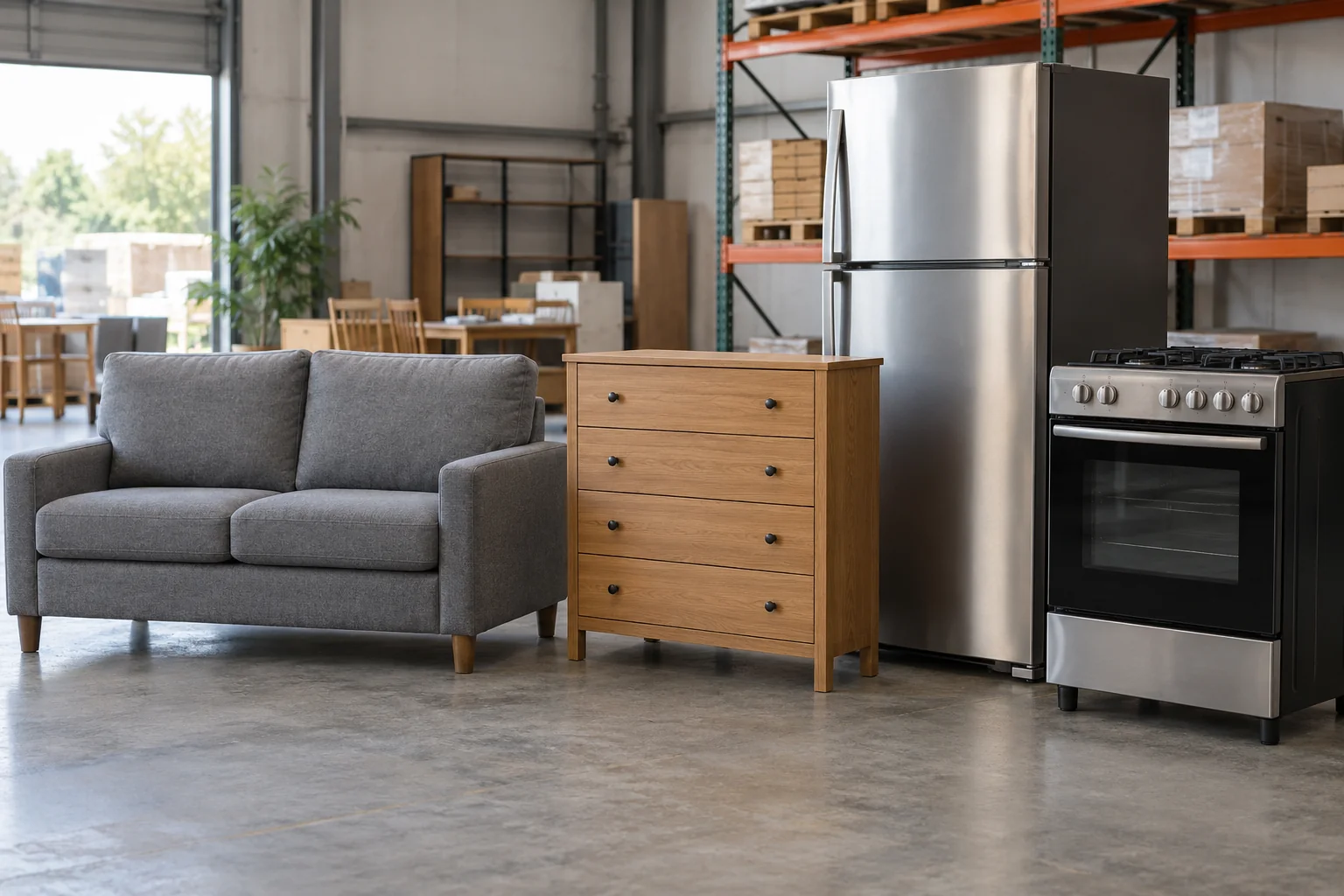 Sofa, dresser, refrigerator and stove